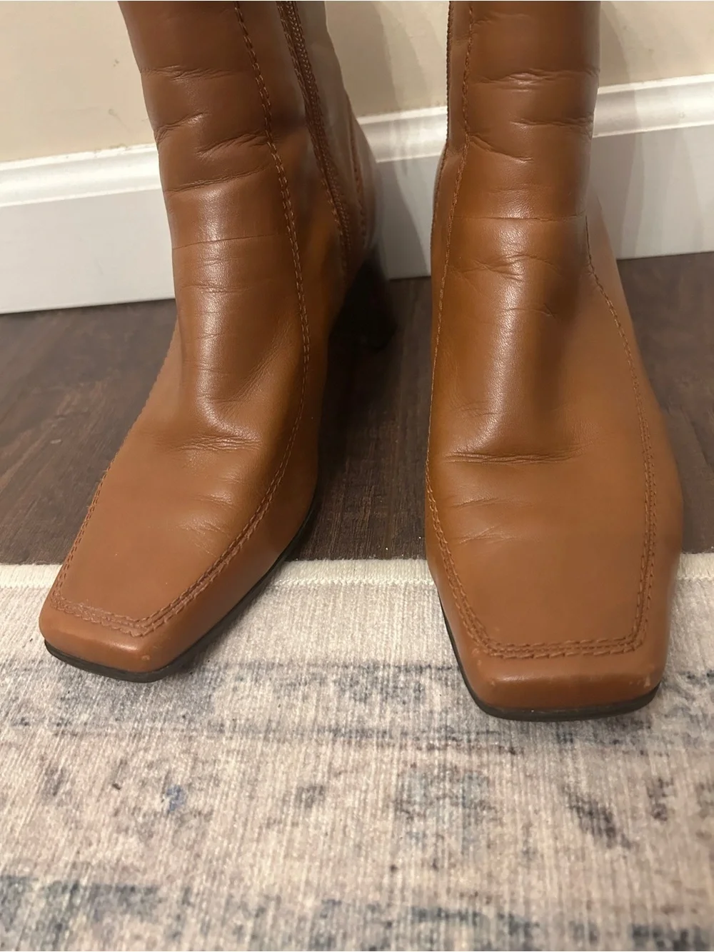Nine West Tan Leather Square-Toe Ankle Boots Sz 7.5 Fall Y2K Inspo Block Heel